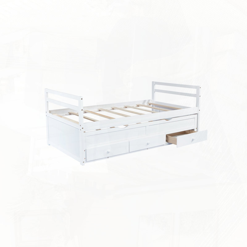 Lit simple avec lit gigogne et trois tiroirs de rangement, White