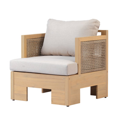 Fauteuils de jardin modernes, fauteuil club en bois d'acacia et résine tressée, coussin beige