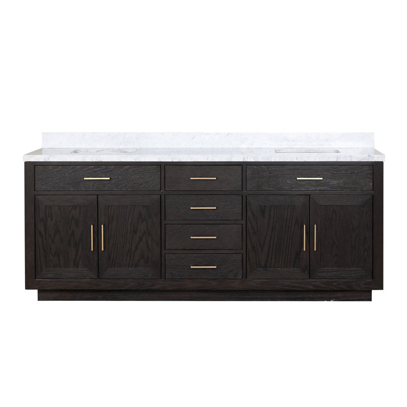 Ensemble de meuble-lavabo double 84 po, Chêne noir, Marbre de Carrare blanc