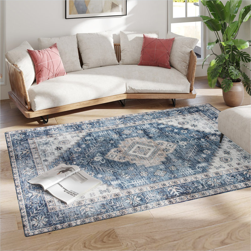 Tapis en fausse fourrure douce en flanelle rétro avec envers antidérapant, motif médaillon classique bleu pour le confort du salon