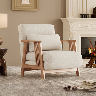 Retro Convertible Fabric Upholstered Accent Armchair Futon Chair Sofa Bed with Solid Wood Frame by Mossy Laundromat