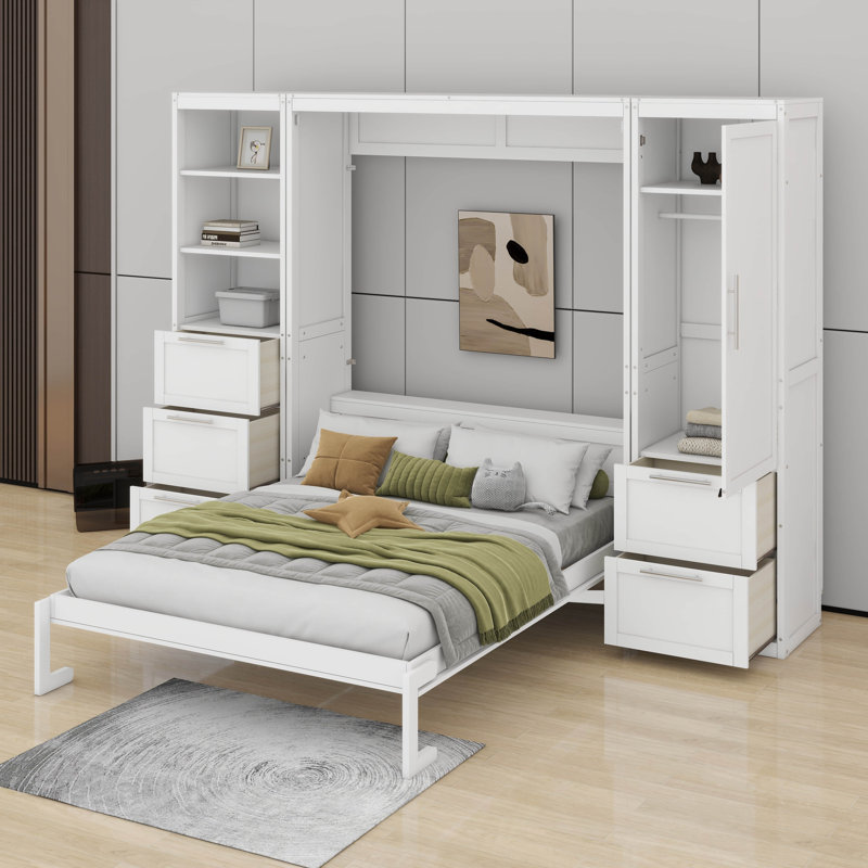 Grand lit escamotable avec tiroirs et tablettes, Blanc