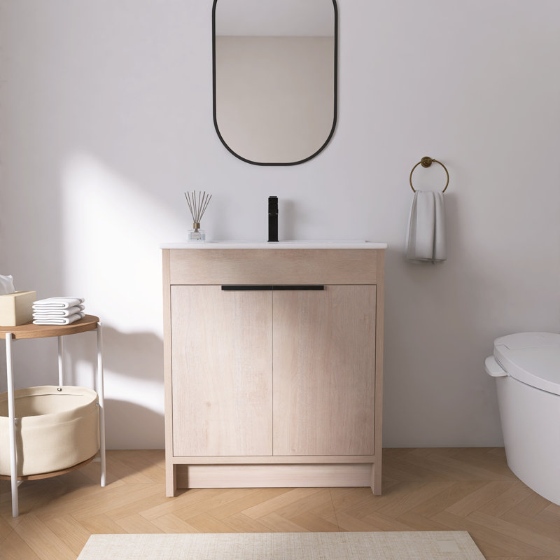 Ensemble de meuble-lavabo simple autoportant avec plateau en céramique Toudgha, Blanc, 30"