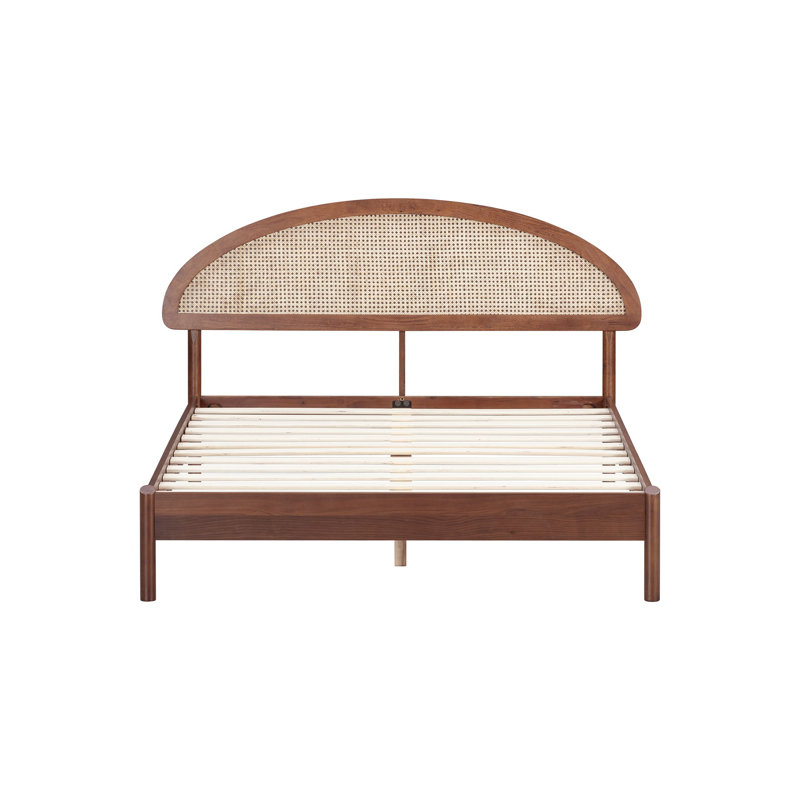  Structure de lit en bois massif Gem avec tête de lit et rotin naturel, capacité de 1000 lb, Grand lit, Noyer foncé