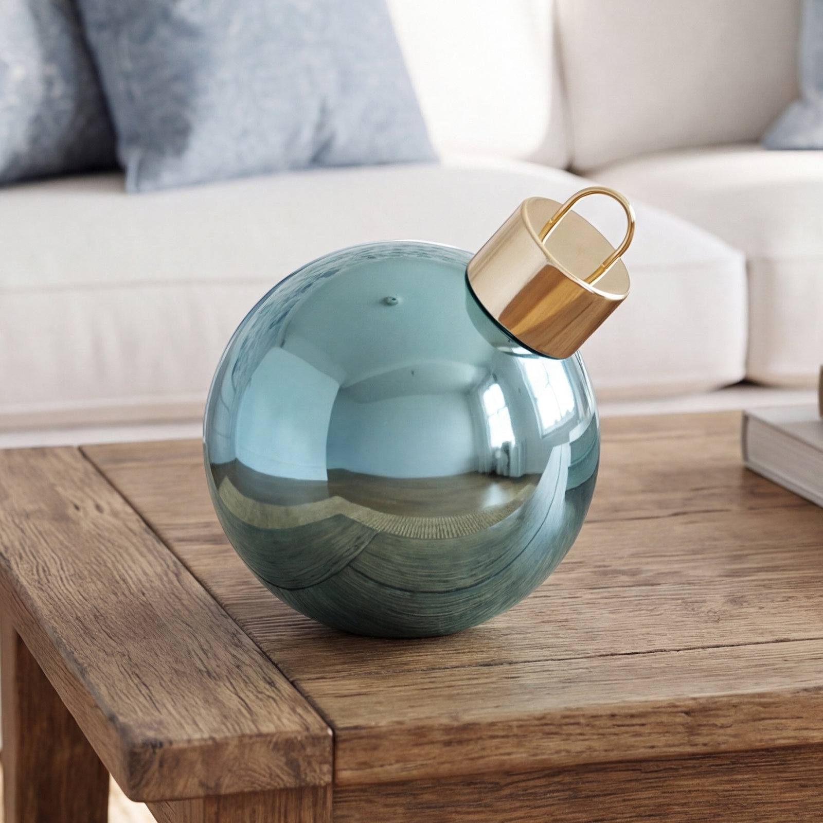 Lighted Glass Slanted Ball Christmas Ornament, 7.75" H x 7.75" W x 7.75" D, Blue
