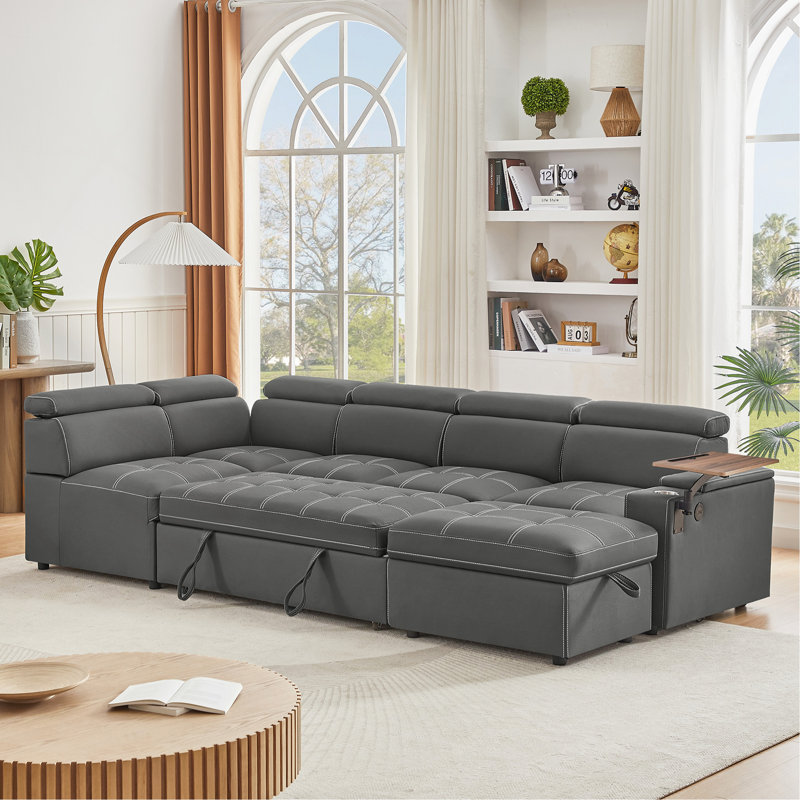 Modern Grey Fabric Sectional Sofa Set with Storage Ottoman