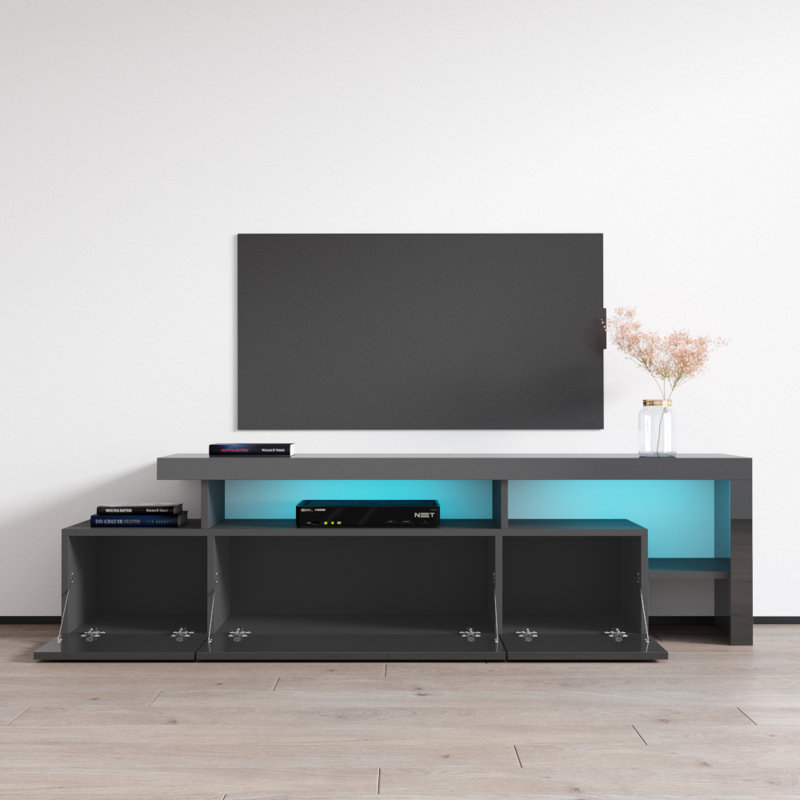 Edana 73" Modern TV Stand with LED Lighting, High Gloss Finish, Media Storage, Gray