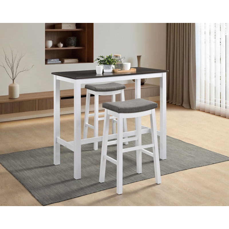 Ensemble de bar 3 pièces Bellea avec pieds en bois massif et garniture cloutée de 42 po de hauteur, blanc / gris