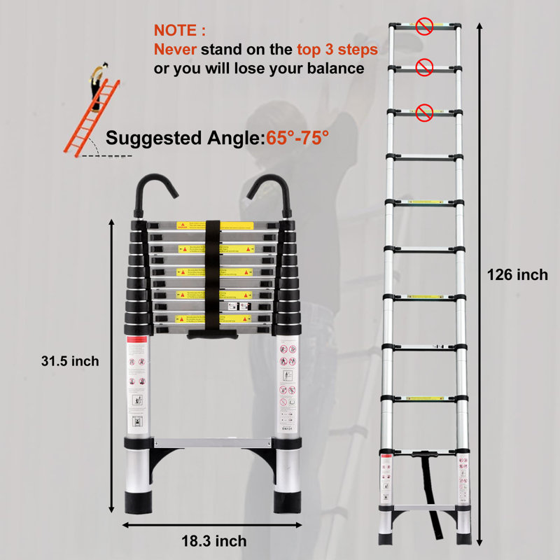 330Lbs 10.5Ft Multi-Functional Retractable Ladder Aluminum Hook Foldable
