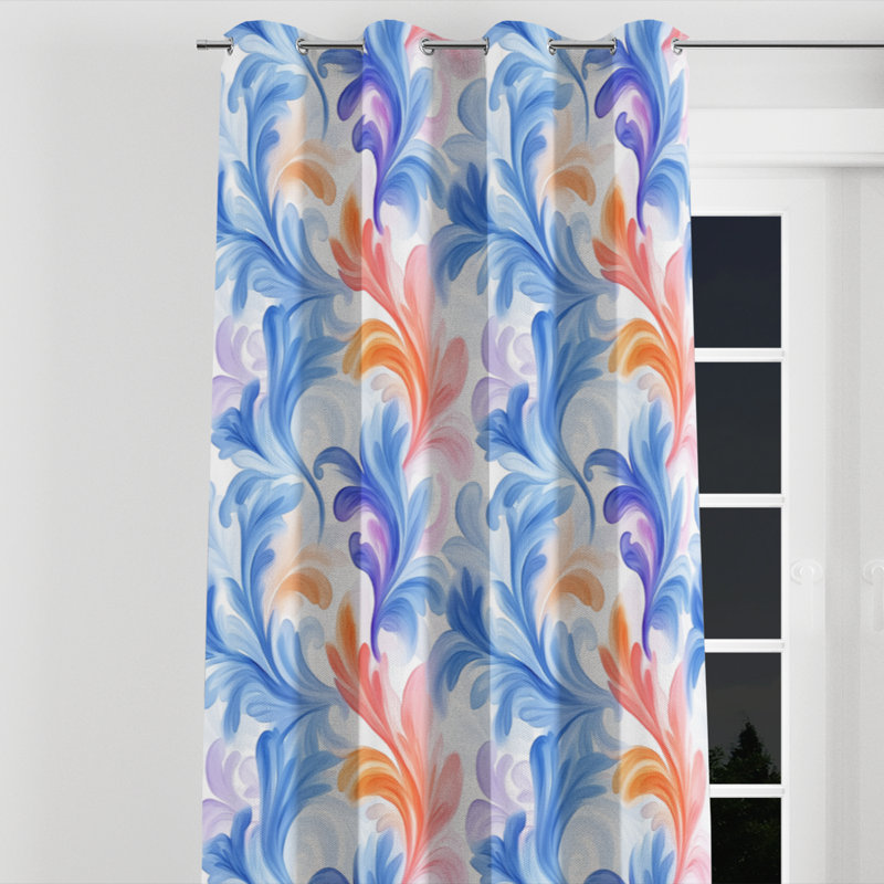 French Country Velvet Curtains - Blue Petal Curl Paisley Grommet Curtain - 1 Panel, 52" W x 63" L, Silver Grommets