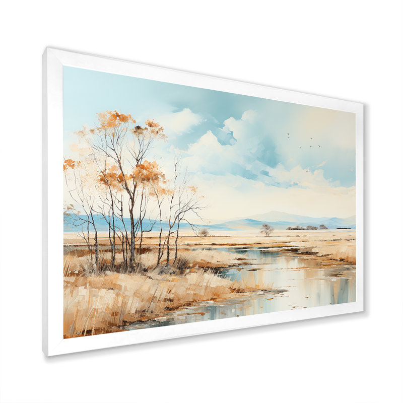 Beige Scerene Meadow Stream Harmony sur toile, Cadre simple blanc, H 30 po x l 40 po x P 1,5 po