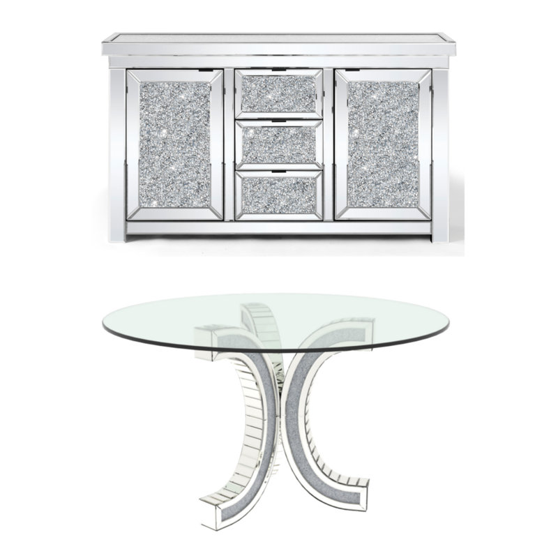 Ensemble de table de salle à manger en verre à losanges et miroir à trois tiroirs