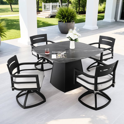 Outdoor 5 Pedestal Dining Featuring 44" Rounded Square Sintered Stone Table, 4 Swivel Rockers, Fade- Cushions And Structure Table With Weather- Adjustable Base