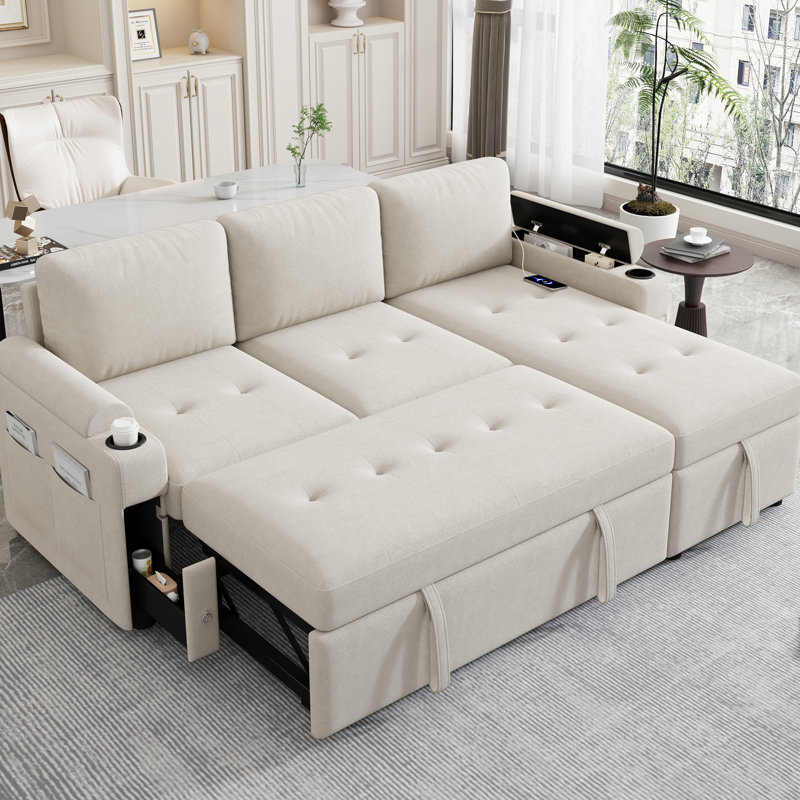 Convertible avec rangement dissimulé, porte-gobelets, ports, tiroirs de rangement modulaires en chenille beige,