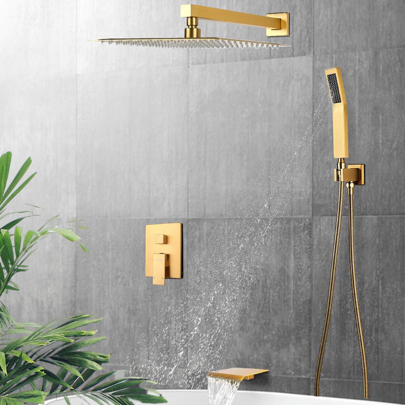 Ensemble de robinet de douche mural, pomme de douche à pluie de 12 pouces, douchette, bec de baignoire, Or brossé