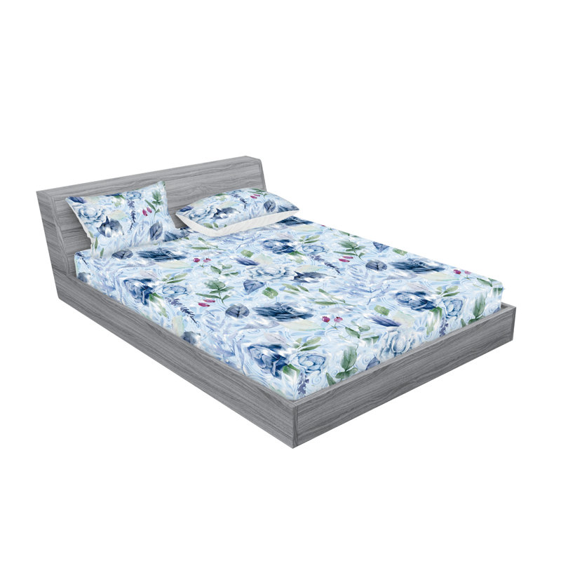 Drap-housse et taies décoratives 3 pièces Ambesonne, Bleu pâle, vert paon / floral
