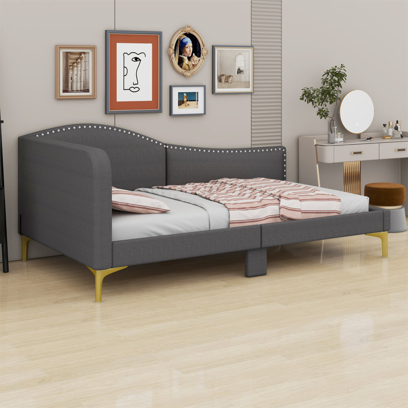 Upholstered Daybed With Headboard And Armrest, Gray