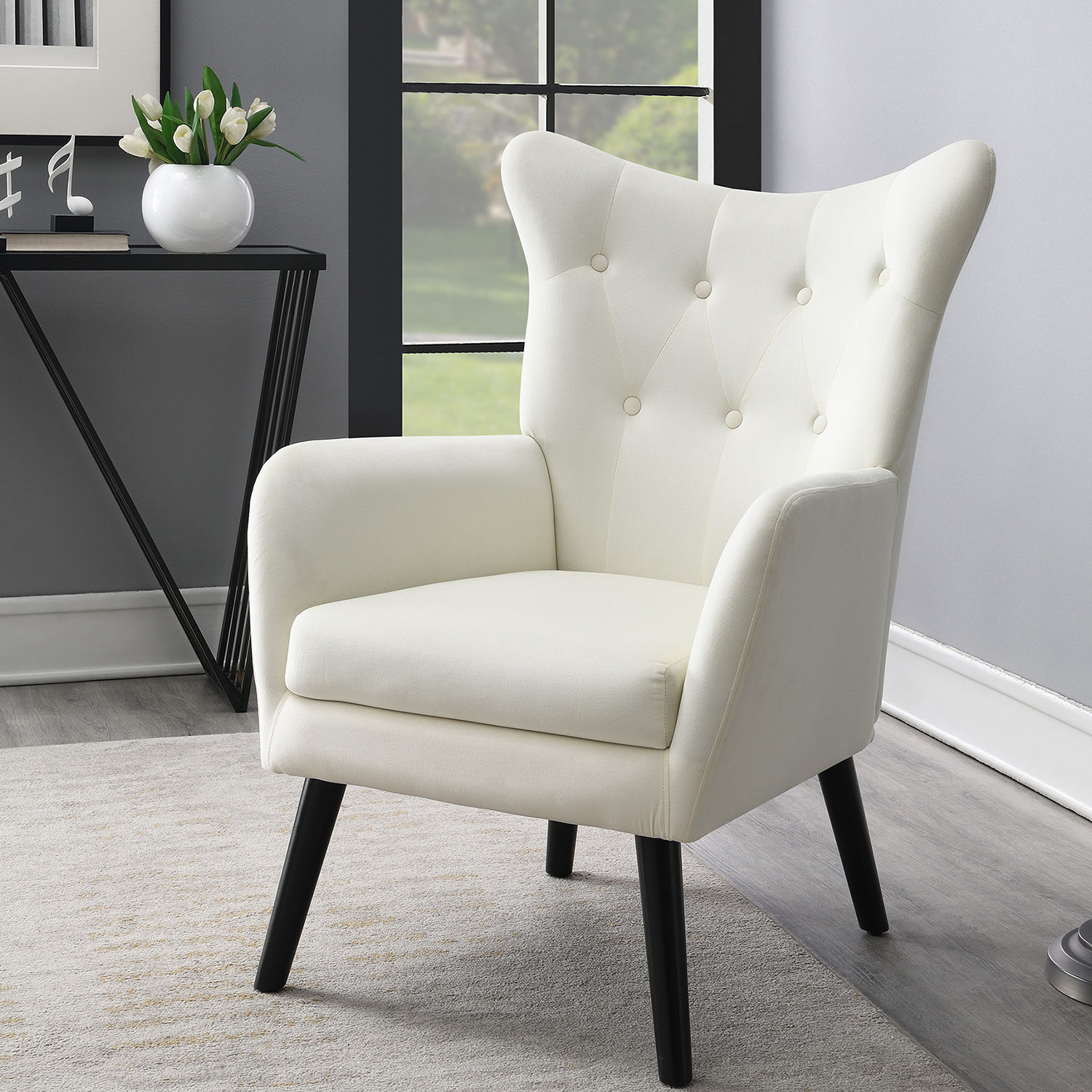 Button-Tufted Small Wingback Accent Chair with Rolled Arm and Thick Padded Cushion Mercer41 Fabric: Beige Polyester