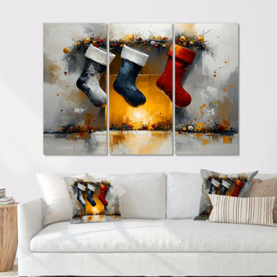 Red Christmas Stockings By The Fireplace - Christmas Wall Art Living Room Set