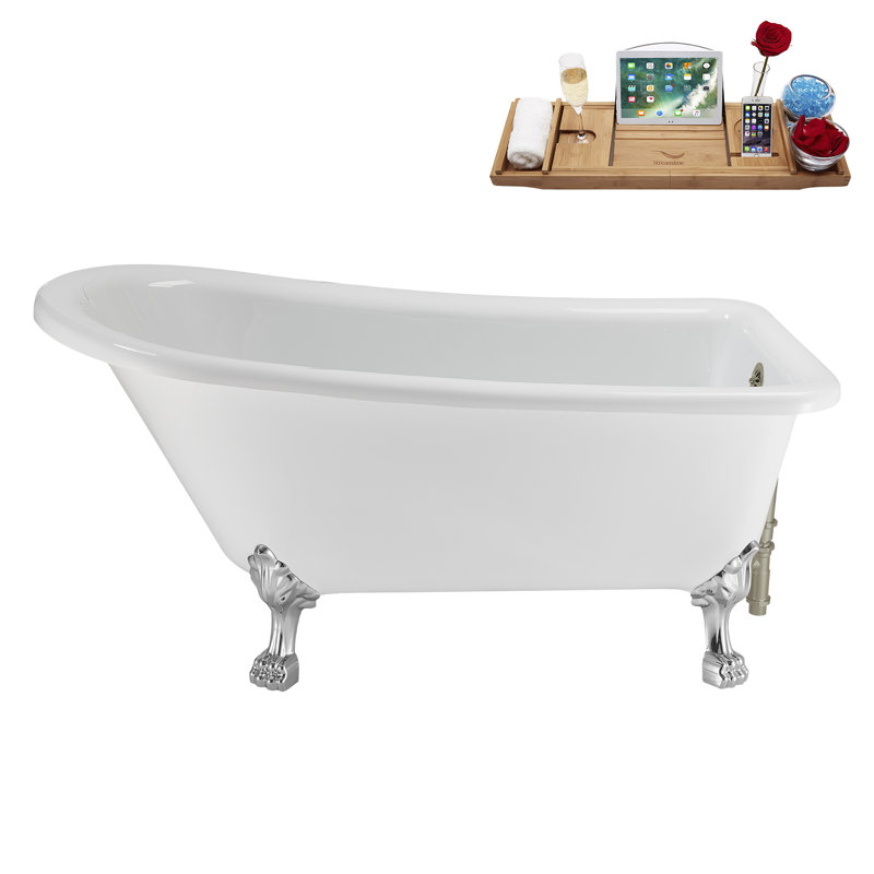 58" Streamlin Clawfoot Tub,Tray,Drain, Clawfeet, Polished Chrome, Brushed Nickel