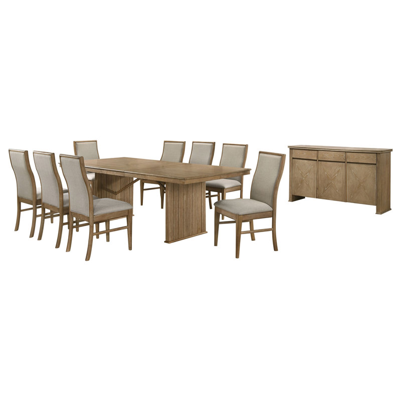 Ensemble de salle à manger 10 pièces Adina brun clair patiné, 10 pièces: table, 8 chaises, buffet