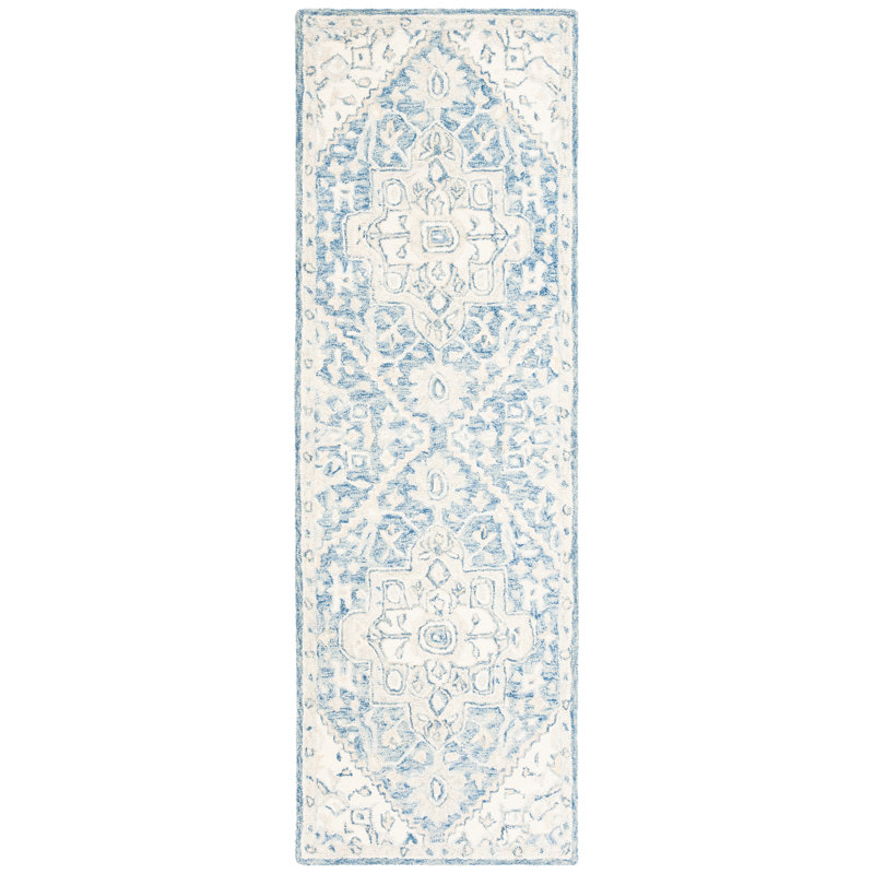 Cyrilmagnin Hand Tufted Wool Cotton Oriental Rug in Ivory/Blue, Runner 2'3" x 9'