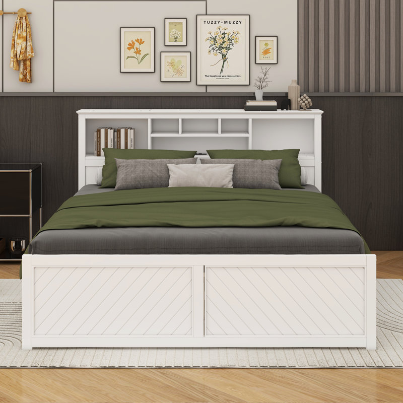 King Size Platform Bed With Multi-Storage Headboard, USB And Drawers, Wood Bed Frame, No Box Spring Needed, White
