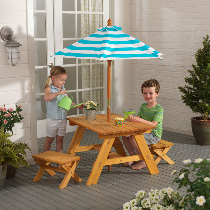 Outdoor Wooden Table & Bench Set, Striped Umbrella, Turquoise and White