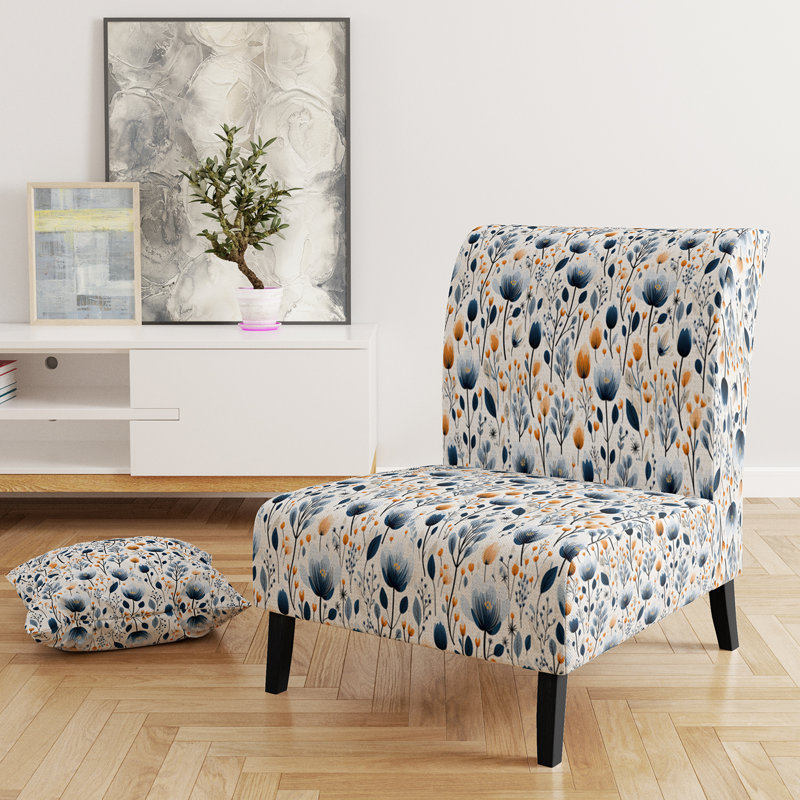 Cottage Blue And White Floral Bloom Pattern - Upholstered Farmhouse Slipper Chair, Rustic Floral Accent Chair