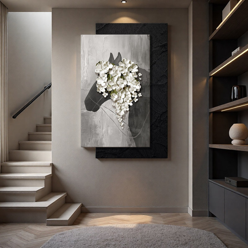 Relief Sandstone Horse & Floral Led Wall Art Good Fortune Theme, 39.37" H x 27.56" W x 1.65" D