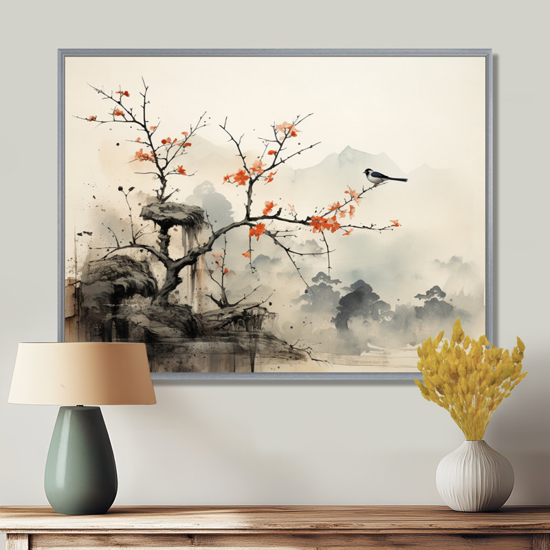 «Asian Art Sumi Bird Serenity XIX» - Art asiatique sur toile, art mural, 34" H x 44" W, Encadrement argenté
