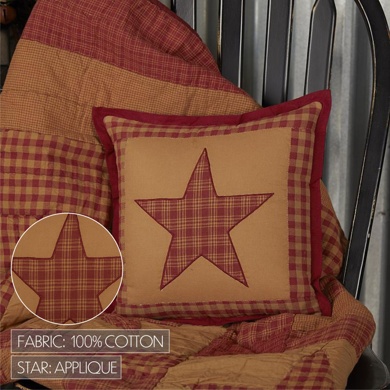 Burgundy and Tan Embroidered Star Quilted Pillow, 12x12