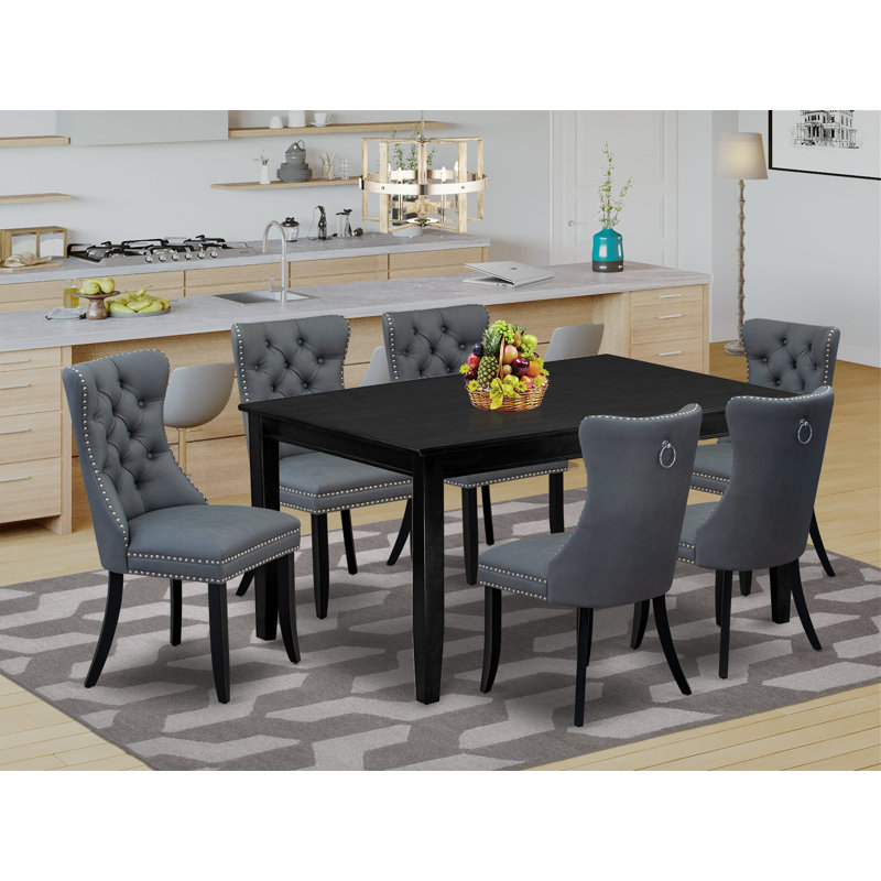 Ensemble de salle à manger 7 pièces comprenant une table de salle à manger et 6 chaises Parson rembourrées en polyester, noir