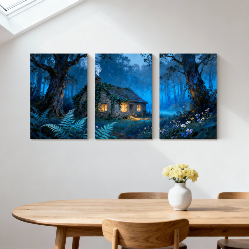 Winter forest Enchanted Forest Cottage Night Scene Illuminated Windows Ferns and Flowers, H 30 po x l 60 po