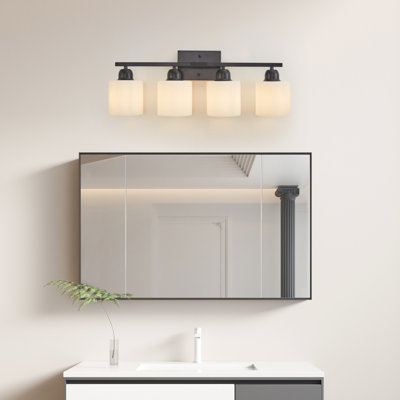 Luminaires de salle de bain noirs, miroir de coiffeuse moderne à 4 lumières, appliques murales avec abat-jour en verre givré blanc laiteux, douille E26 (ampoules non incluses)