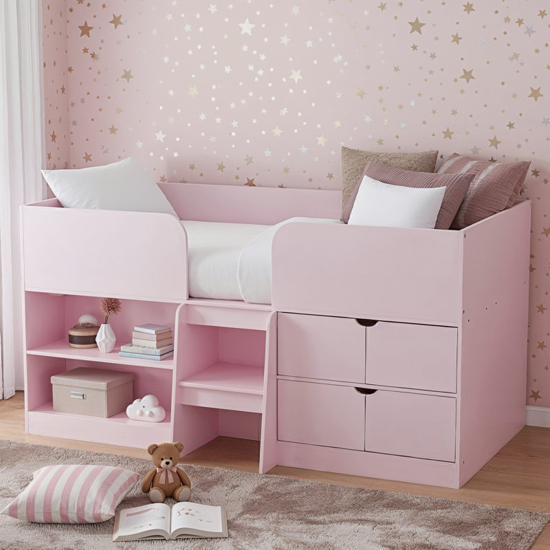 Tadley Single (3') Cabin Bed with Storage and Ladder, Pink Marshmallow