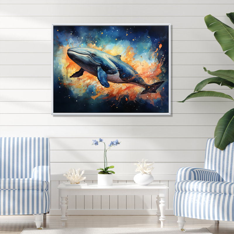 Baleine bleue majestueuse à l'aquarelle - baleine, art mural, Cadre flottant blanc, H 12 po x l 20 po x P 1 po