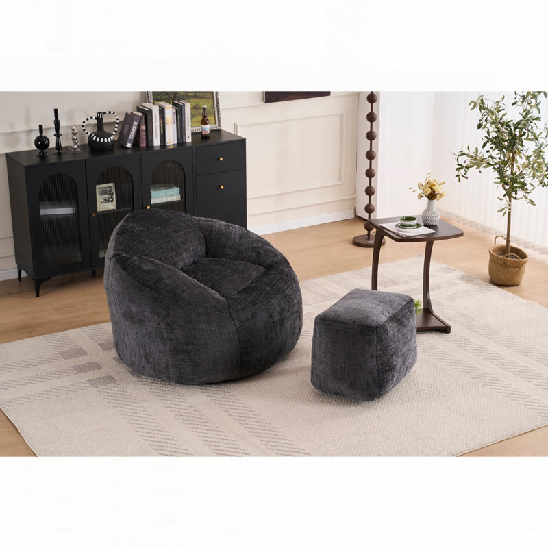 Fauteuil à billes en chenille avec repose-pieds, Chenille noir