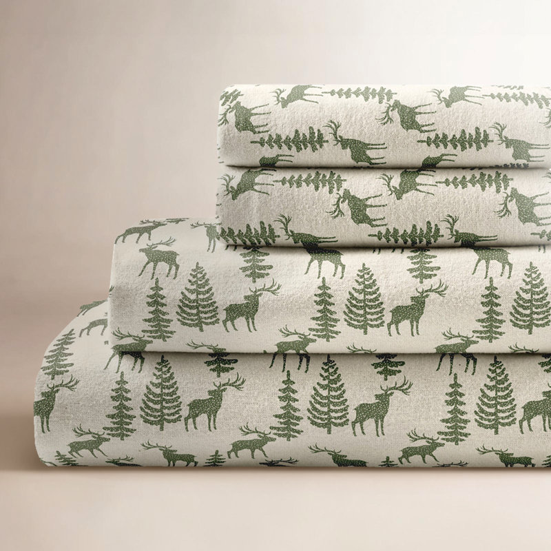 Fabrice Flannel Sheet Set, Full Sheet Set + Fitted Sheet + 2 Pillowcases, Ivory/Green