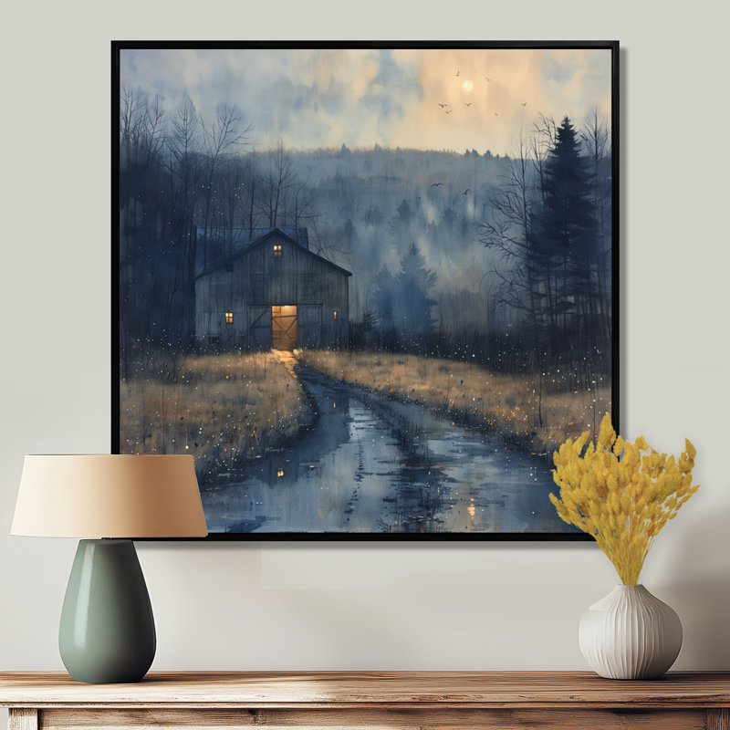«Winter Blue Barn Fading Light I», reproduction d'art murale grange, Toile avec cadre flottant noir