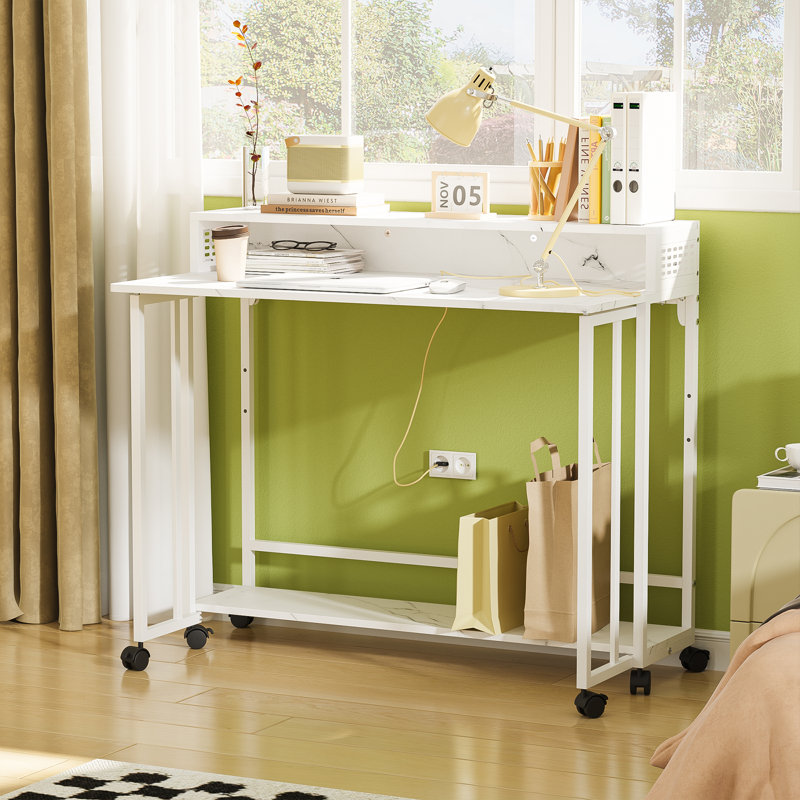 Modern Computer Desk Foldable Desktop with Rotating Wheels, White