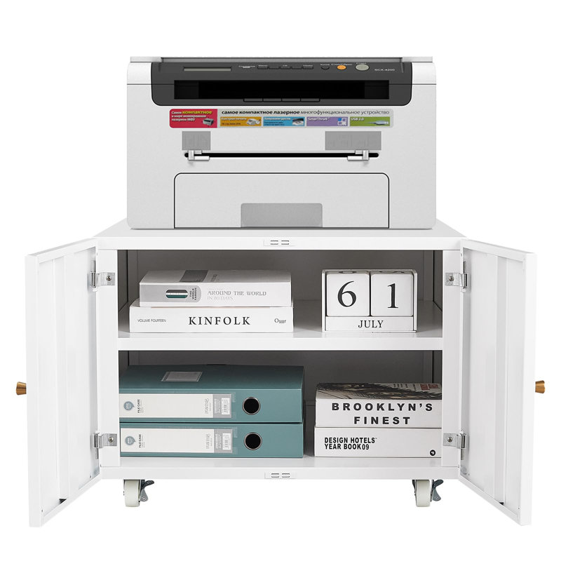 Heavy-Duty Metal Printer Stand and Filing Cabinet with Lockable Doors and Wheels, Mobile Office Storage for 3D Printer or Copier