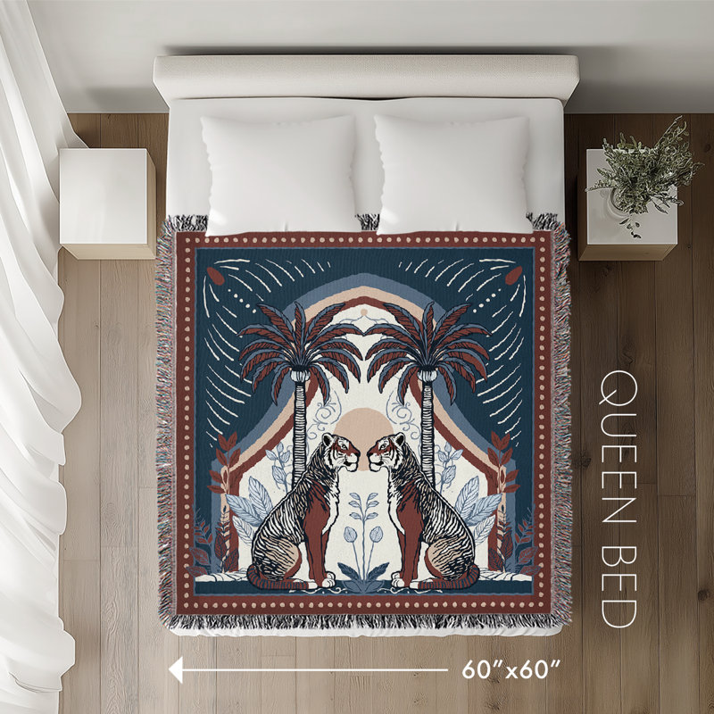 Jeté en mélange de coton Faya Tiger, L 60 po x l 60 po, Rouge / Bleu