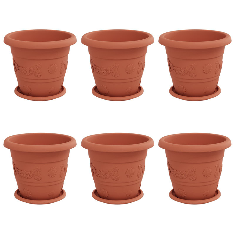  Plant Pots 6 Pcs Plastic, 21.5cm H x 26cm W x 26cm D, Brick Red