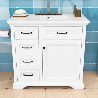 Meuble-lavabo 4 tiroirs avec lavabo en céramique, tablette réglable et armoire à fermeture en douceur