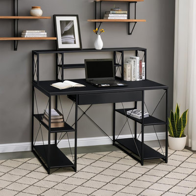 Computer desk with solid wood top and metal sled base, jet black, 8 open shelves, drawer, 47.5 inches wide