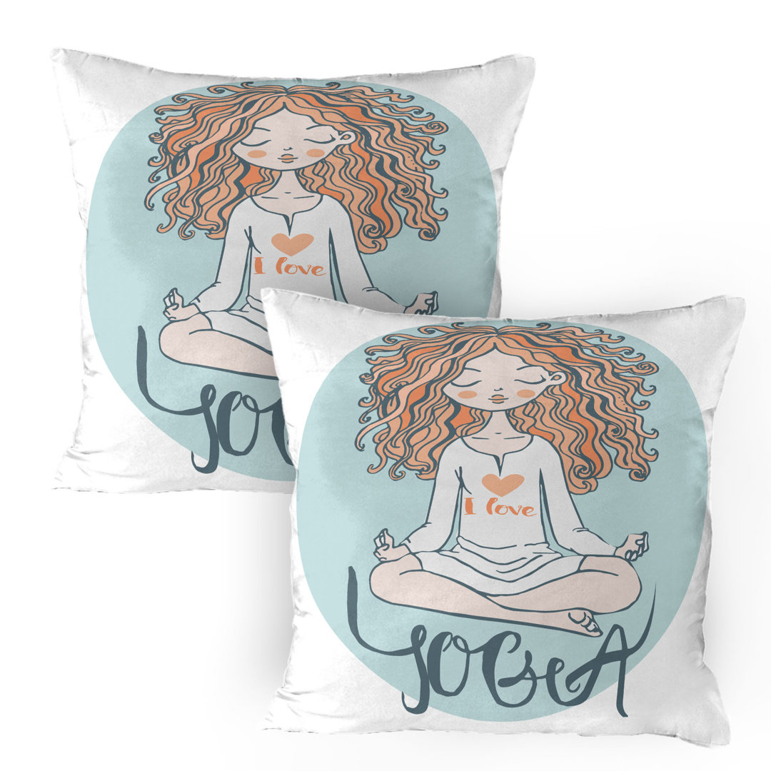 Kissenbezug Packung mit 2, Doodle Frau in Lotus Pose, Blassblau Pfirsich und Lachs