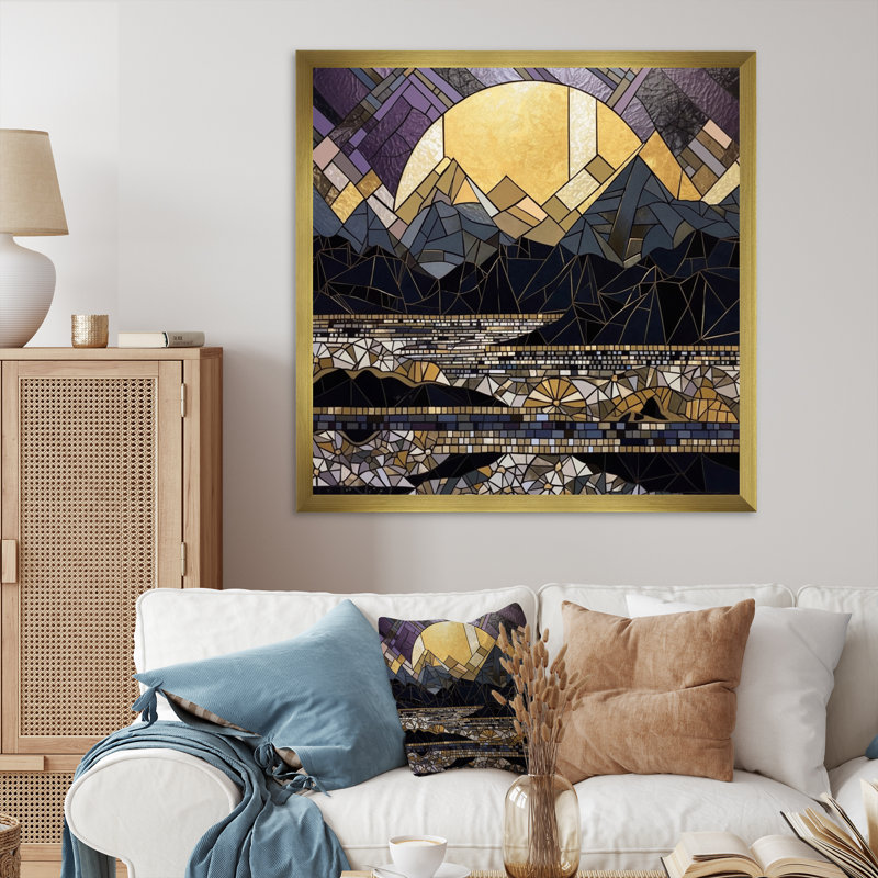 Vitrail doré encadré sur toile, H 16 po x l 16 po x P 1 po, Encadrement doré