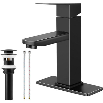 Black Bathroom Faucet, Stainless Steel Modern Bathroom Sink Faucets With Pop-Up Sink Drain & Deck Plate 1 Or 3 Hole, Single Handle RV Washbasin Lavatory Faucet With 2 Water Hoses