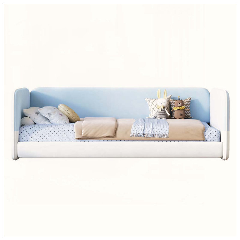 Lit sur pied Montessori avec tête de lit et accoudoirs rembourrés, structure de lit en velours au design doux et sécuritaire, lit plateforme à profil bas avec côtés de protection